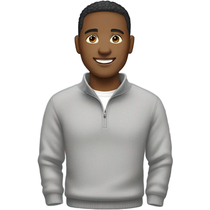 Smiling person wearing a gray quarterzip sweater with white tee shirt under, light skin tone emoji