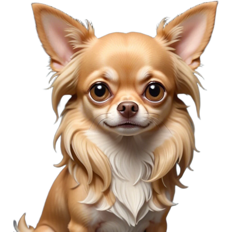 Cinematic Grumpy Long Haired Fawn Chihuahua Portrait Emoji, Head tilted slightly with a deeply unimpressed expression, thick, flowing fawn hair with natural highlights, large, droopy dark eyes narrowed into an unamused glare, ears slightly drooping in exasperation, Simplified yet comically expressive features, highly detailed, glowing with a dry, sarcastic glow, high shine, effortlessly judgmental yet dignified, stylized with a touch of cynicism, bright but brooding, soft glowing outline, capturing the essence of an eternally unimpressed yet endearing companion, so lifelike it feels like it could sigh heavily at you in disdain at any moment! emoji