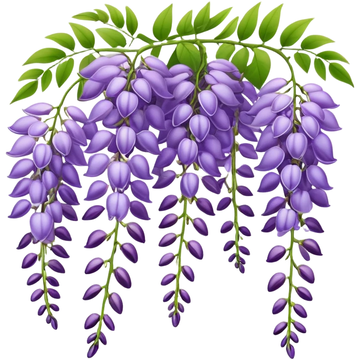 Elegant wisteria flower with cascading purple racemes hanging down and small green leaves emoji
