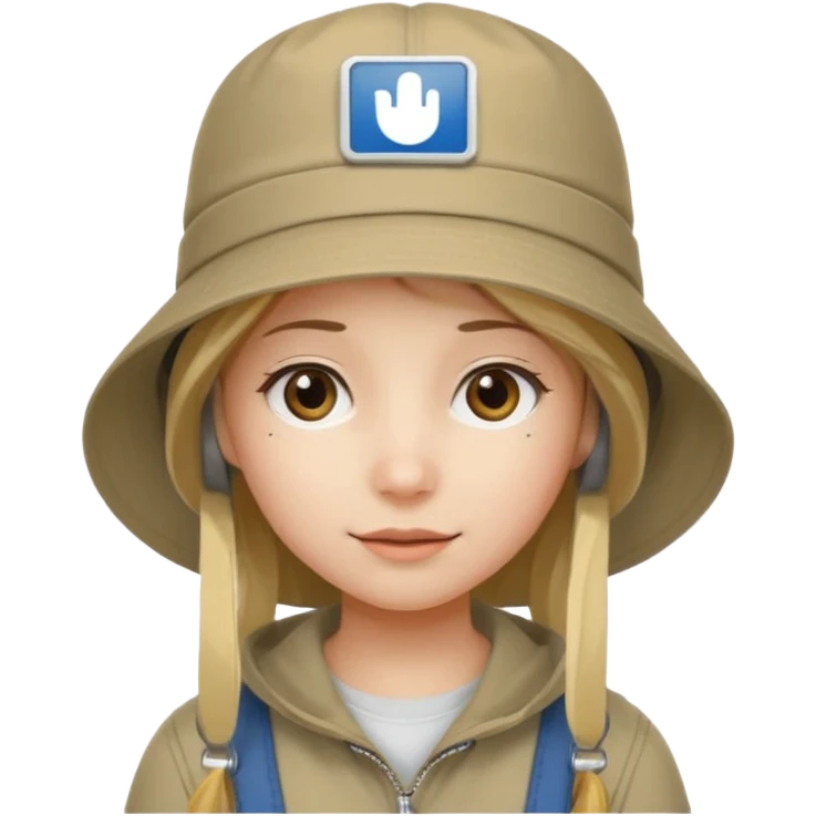 A girl with a khaki bucket hat on her head and a small detail in the form of a white rectangle with the inscription: "вйо до пригод" emoji