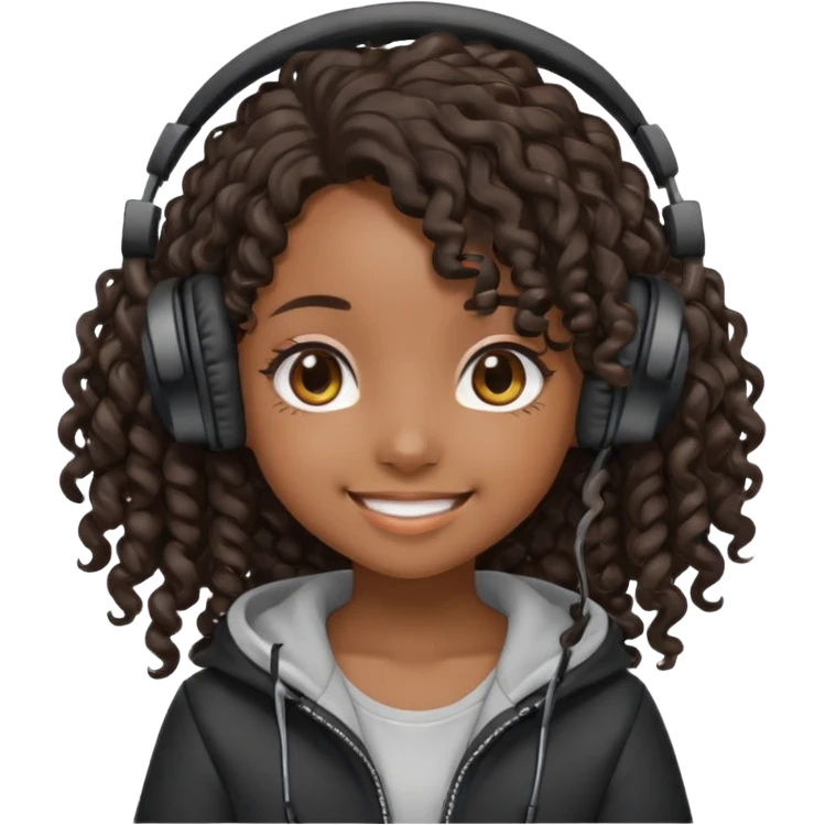 chibi anime black girl long curly hair smiling with head phones on emoji