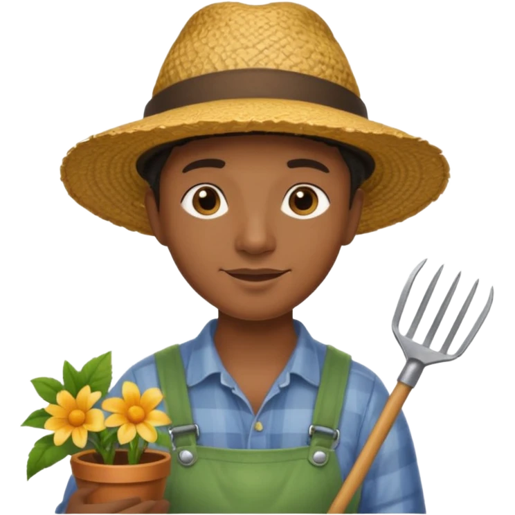 black gardener holding gardening tools, with hat emoji