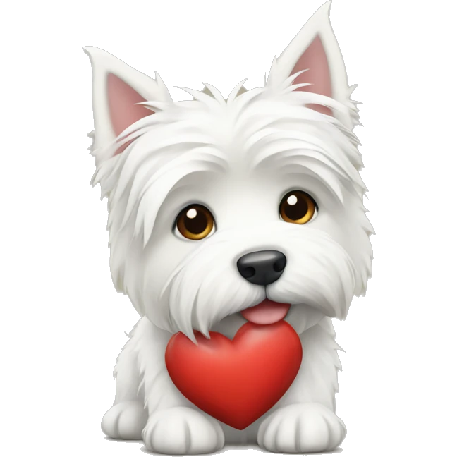 White highland terrier holding a heart emoji