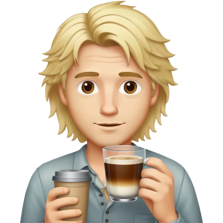 blond guy with disheveled hair and a glass of coffee emoji