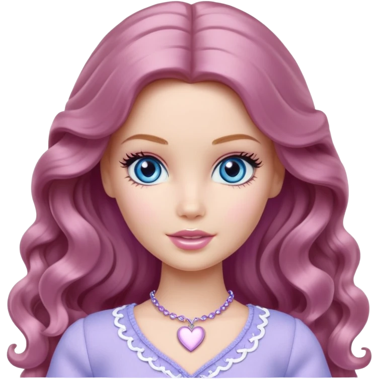 Barbie girl Chestnut long wavy hair and blue eyes is In pale purple clothes There are silver hearts all around emoji