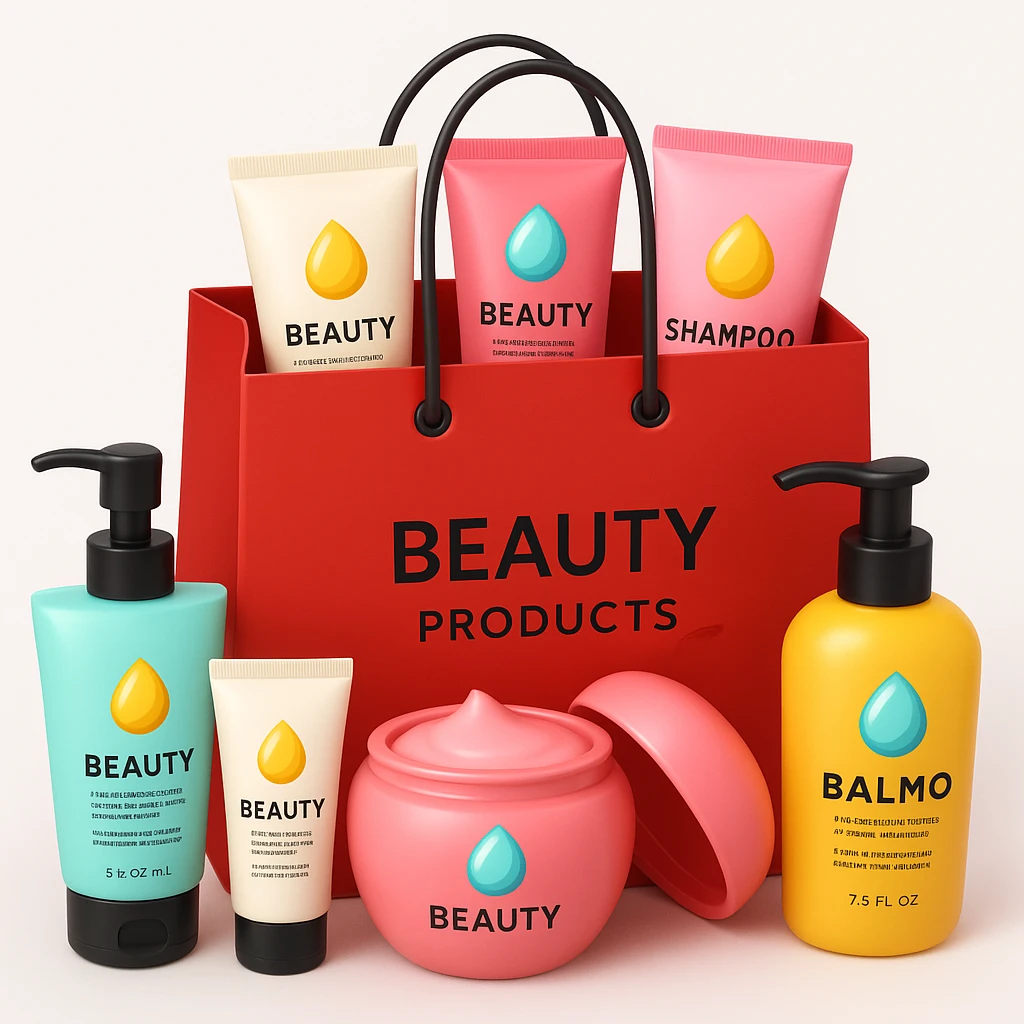Gift bag with beauty products (shampoo, creams, styling products), a gift bag is beautyful open box with luxury brand-labeled beauty products standing nearby, emoji style, red bag emoji