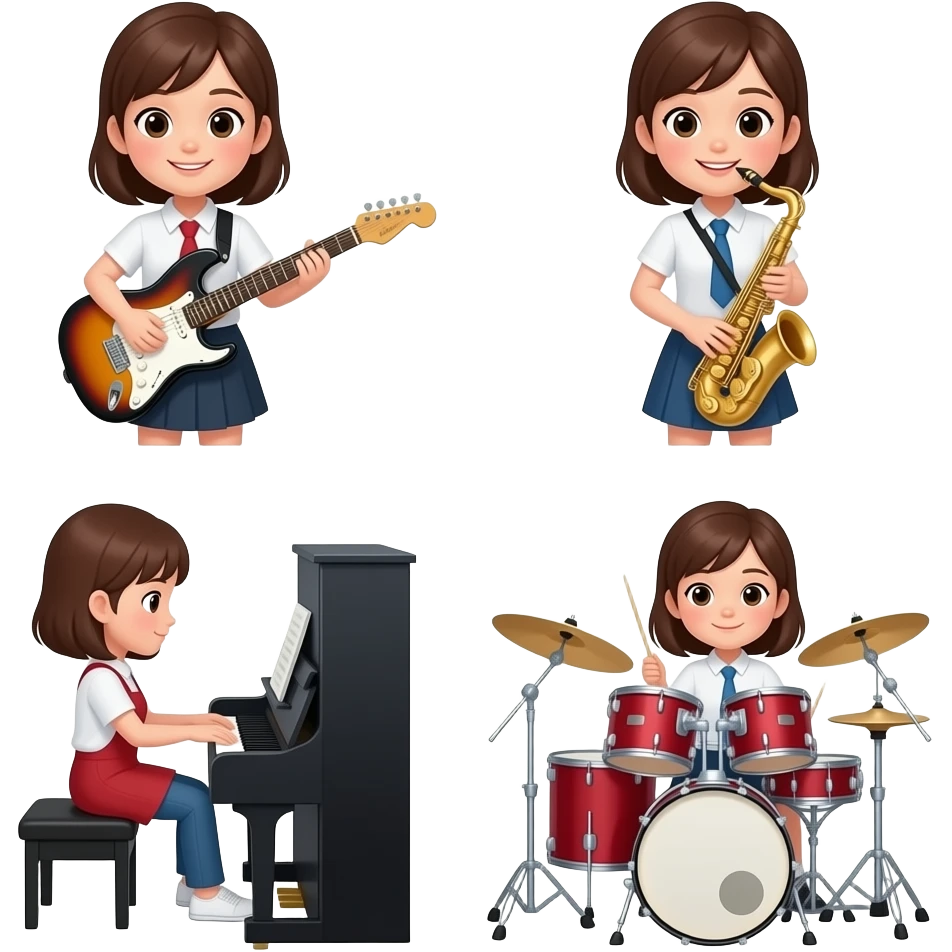 UMA GAROTA SEGURANDO UM VIOLAO, UMA GAROTA SEGURANDO UM SAXOFONE, UMA GAROTA TOCANDO TECLADO E OUTRA GAROTA TOCANDO BATERIA emoji