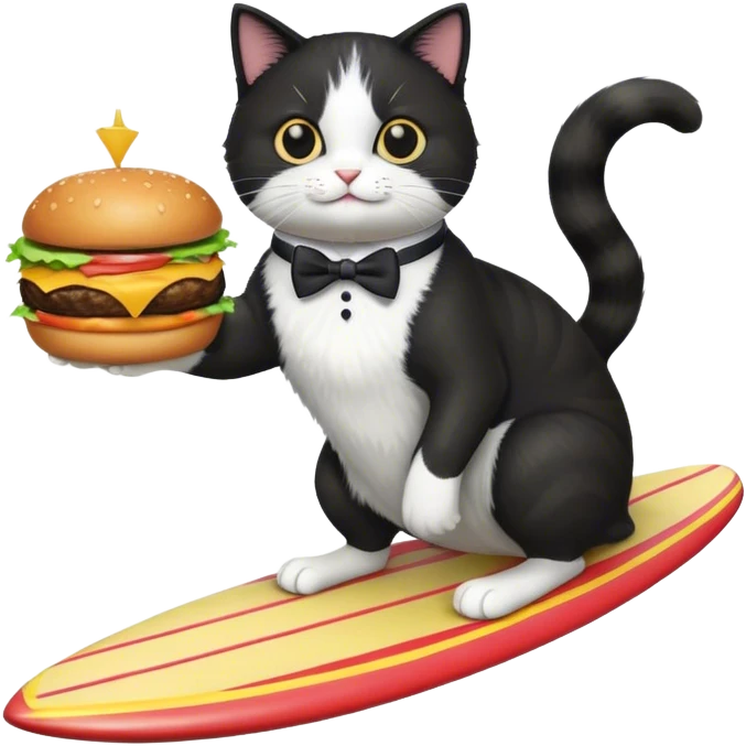 tuxedo cat riding a surfboard and holding a burger emoji