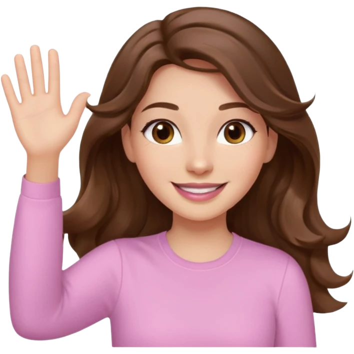 girl with wavy long brown hair, brown eyes, light to medium complexion, long lashes, light pink lipstick, smiling, wearing light pink shirt, waving motion emoji