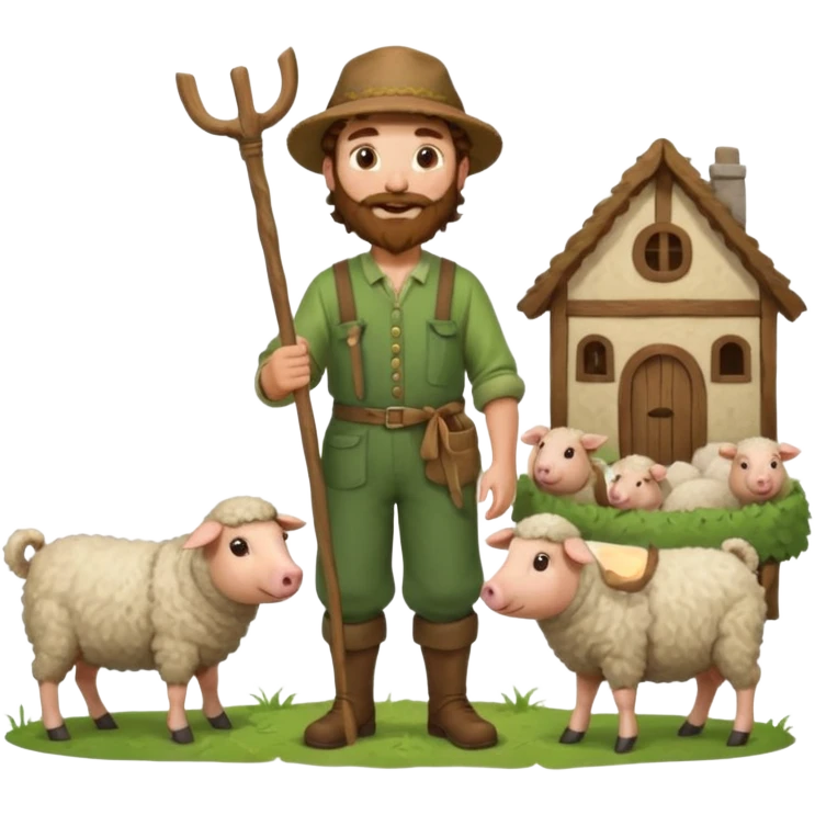 happy shepard with long curly brown beard and long curly brown hair, in green village outfit, with wooden shepard stick in hands, taking care of sheep and pigs emoji
