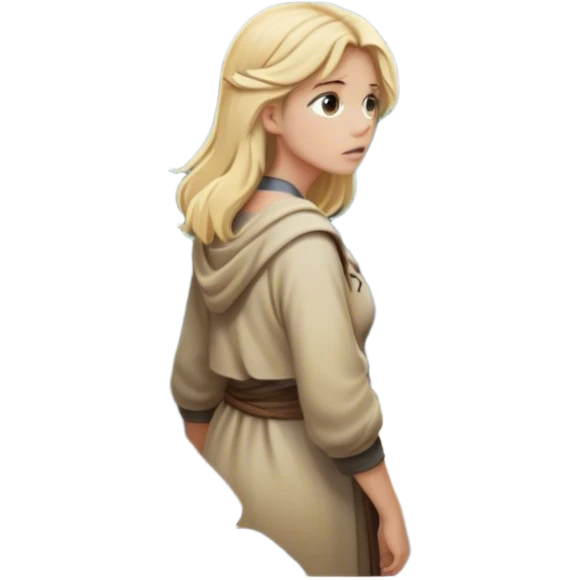 - the back of a blonde woman stands at a mountain crossroads with rocks , her back turned as she contemplates two trails—one illuminated,, and one shrouded in darkness, representing reaction. with hands on chest emoji