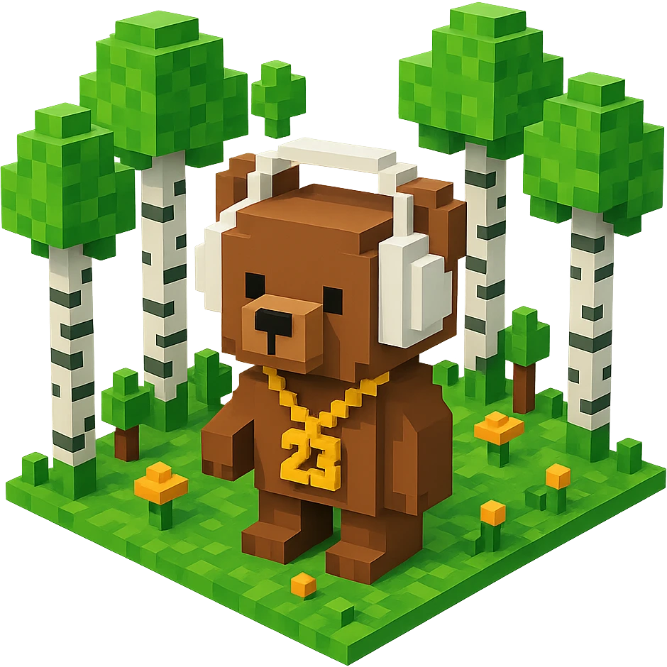 березовый лес, в котором сидит бурый медвежонок в белых наушниках (наушники должны закрывать уши медведя), на медведе цепь с подвеской "23", no background  emoji