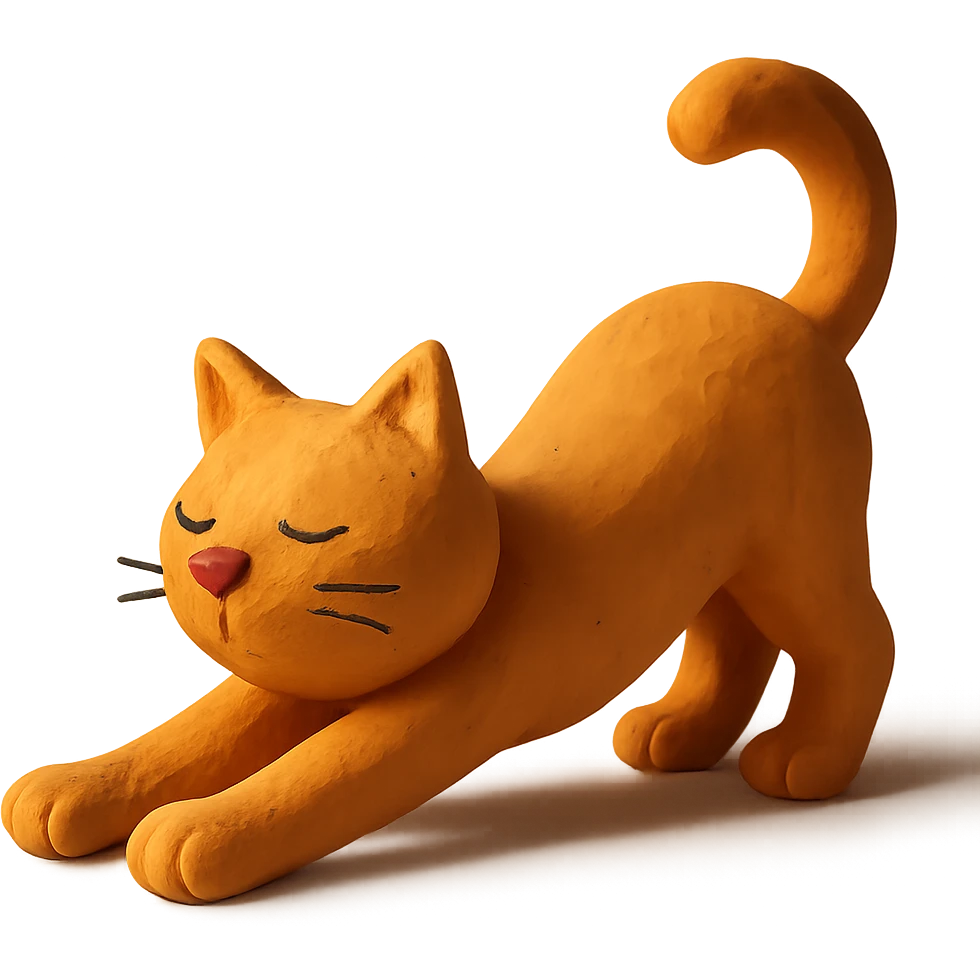 cat stretching with visible fingerprints and matte finish in claymation style emoji