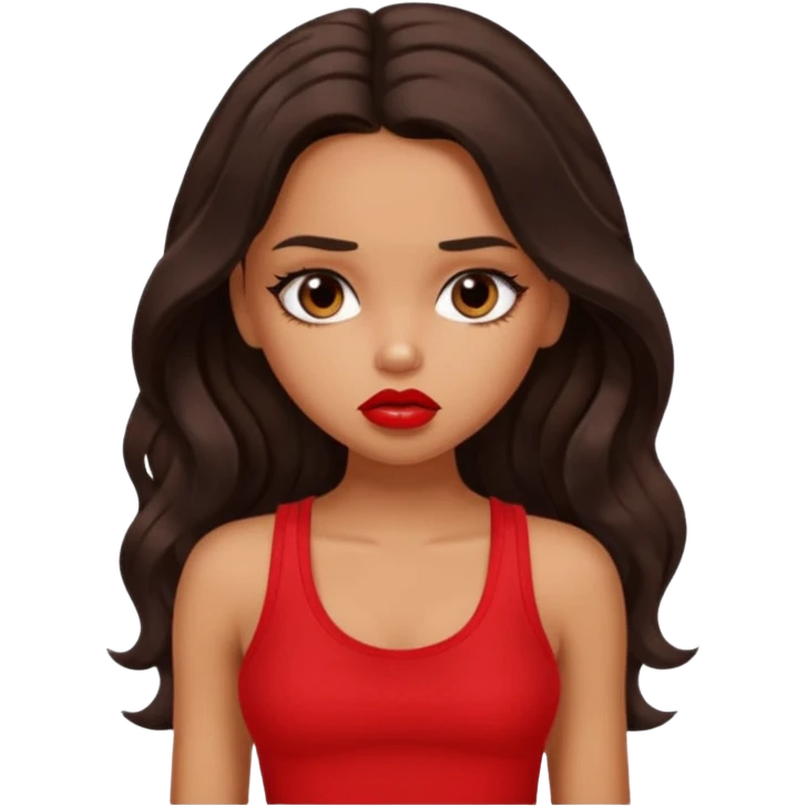 generate a pretty tan bratz girl with dark brown wavy hair long wearing a red tank top, red lipstick. Looking sad emoji