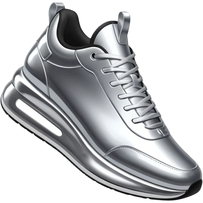 A pair of futuristic sneakers emoji made of silver chrome, sleek streetwear design, smooth metallic panels, subtle reflections, luxury swag aesthetic, iOS emoji style, centered, clean white background emoji