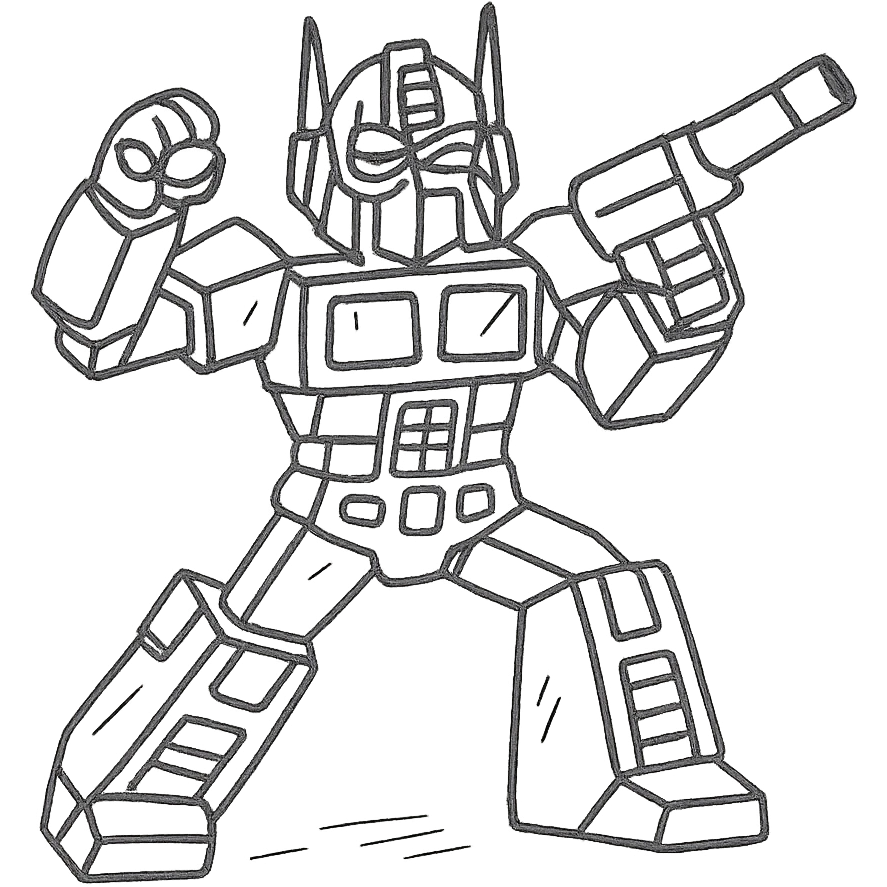 Optimus Prime in a dynamic pose, hand-drawn black outline style emoji