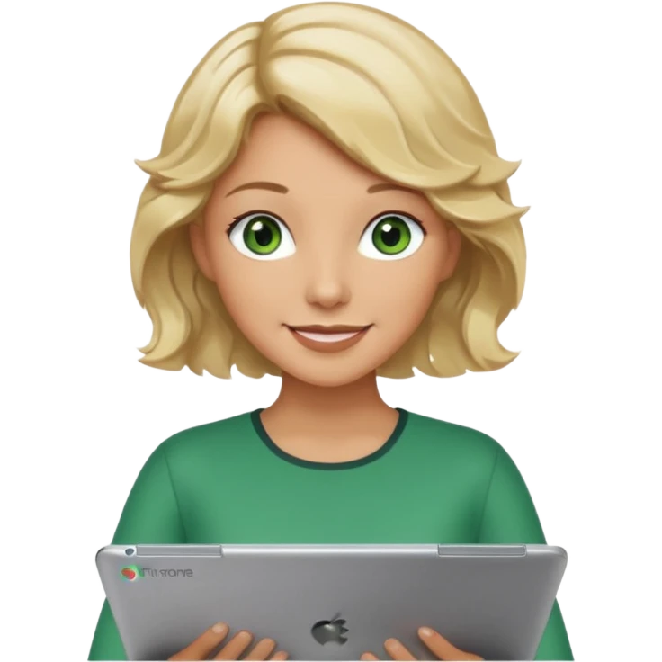 short wavy blonde hair tan skin teacher green eyes woman happy holding chromebook emoji