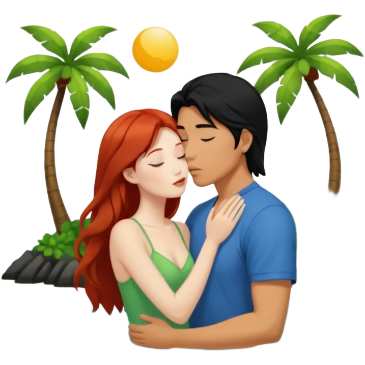 long black haired asian guy kisses redhead girl on island emoji