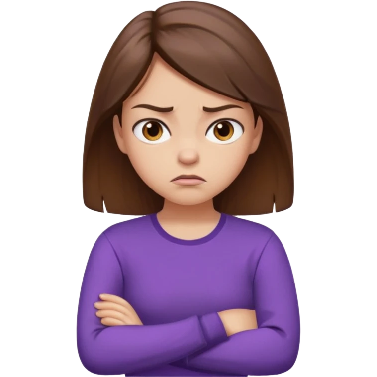 Angry Pouty girl with squinted eyes folding arms in a purple longsleeve shirt she has fair skin and brown hair emoji