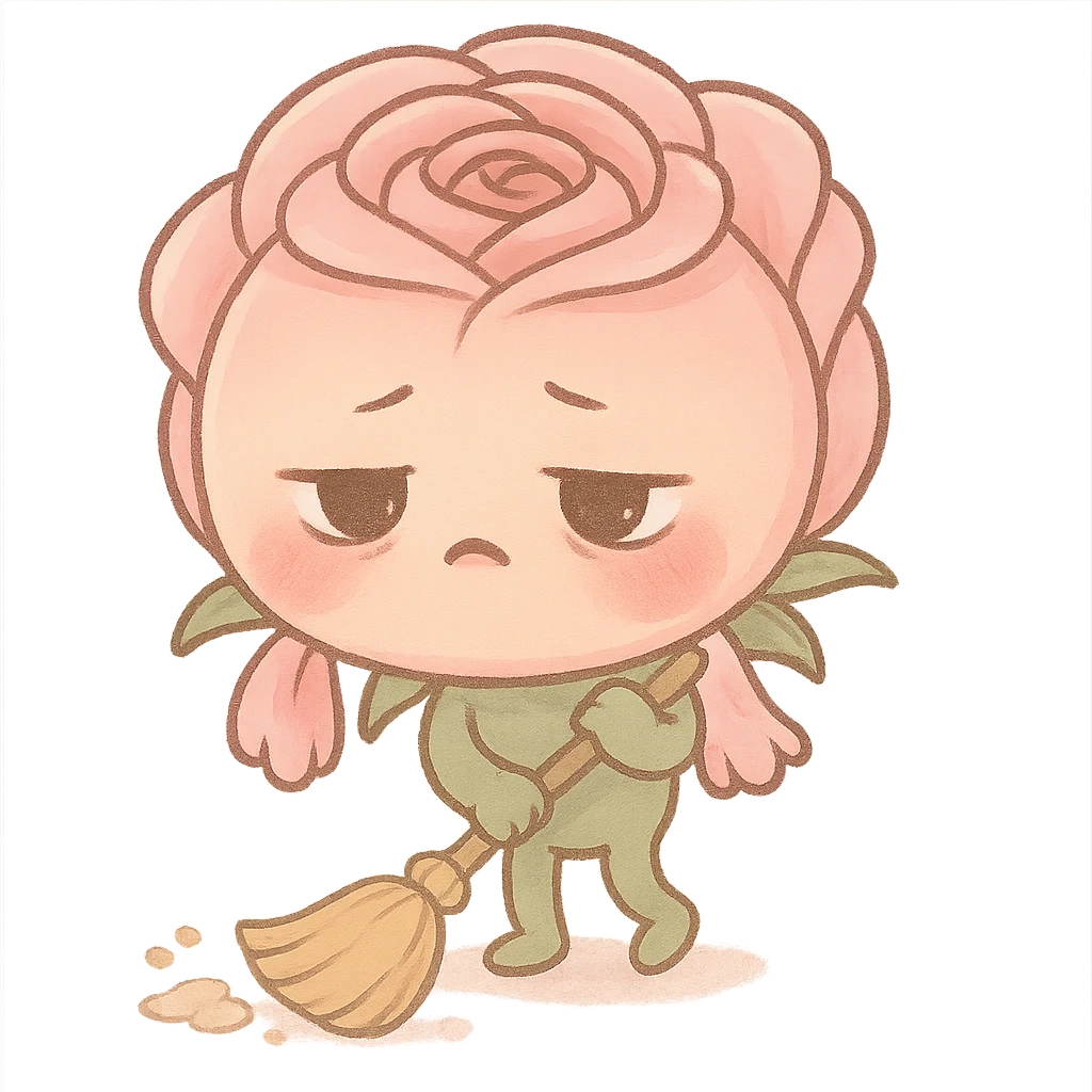 chibi round soft pink rose flower, puffed cheeks, tired eyes, drooping petals, sweeping the floor, pastel colors, full-body emoji