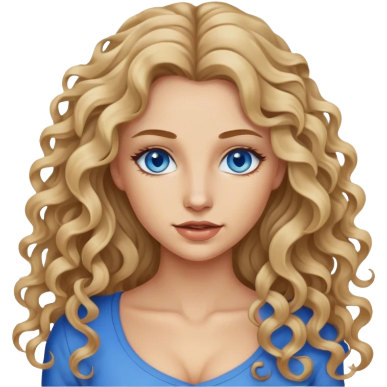 beautiful woman, long curly dirty blonde hair, blue eyes, blue eyes,  emoji