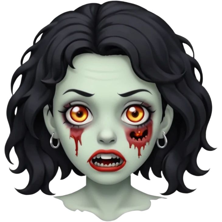 DRAW A ZOMBIE IMAGE OF A WOMAN WITH WAVY BLACK HAIR AND A MOUTH PIERCING emoji