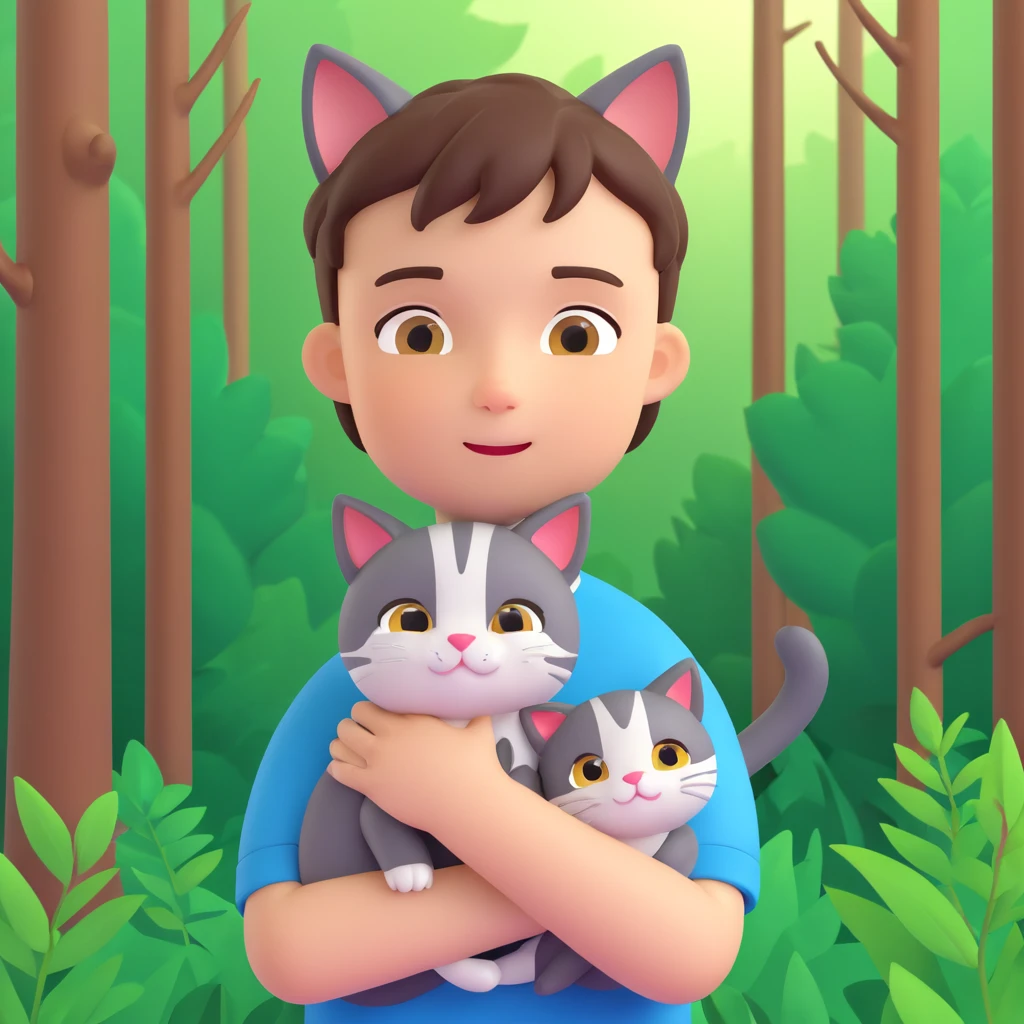 boy and cat pet in forrest background, close up pose emoji