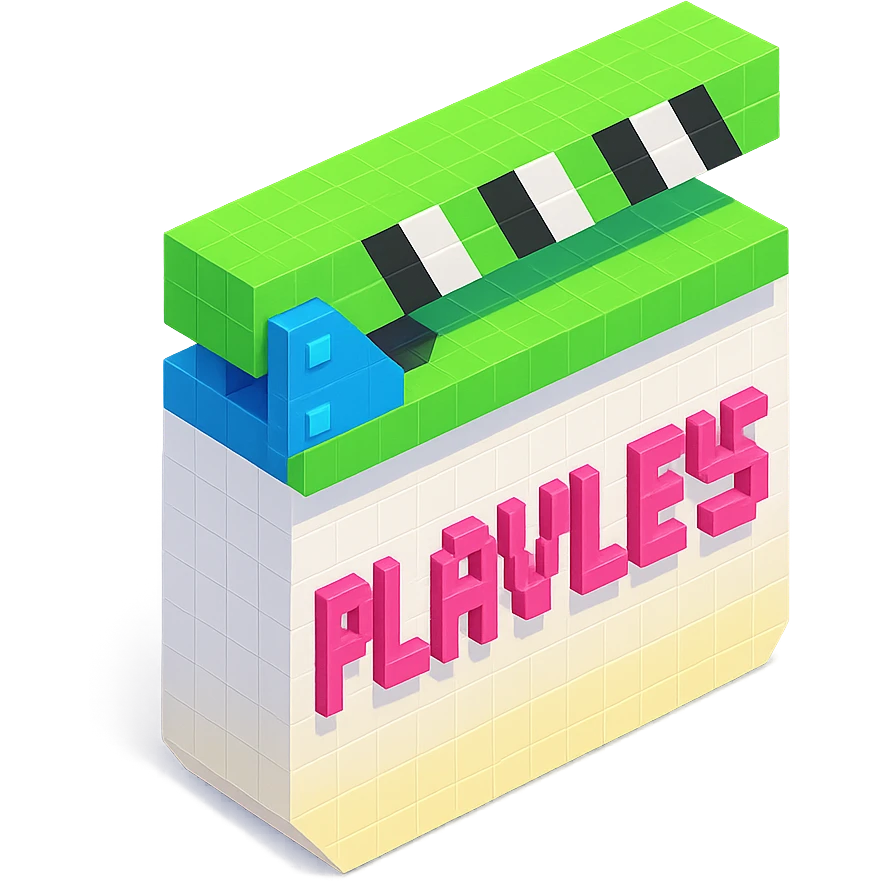 voxel style movie clapperboard with the text 'PLAVLEYS', neon green lid, white body, isometric view emoji
