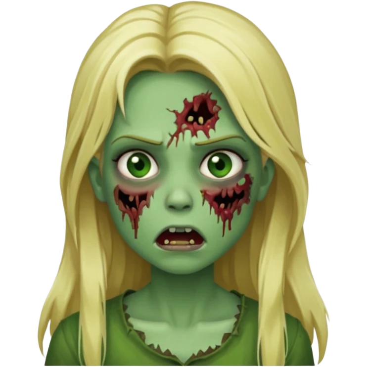 girl zombie with blonde long hair green skin and with no angry face and with the mouth closed emoji