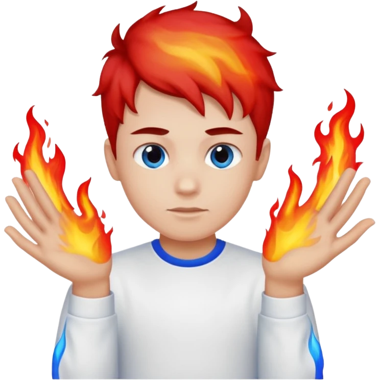 A boy with no hands fire instead made out of red fire and ,blue fire only on a white shirt that the boy is wearing  emoji