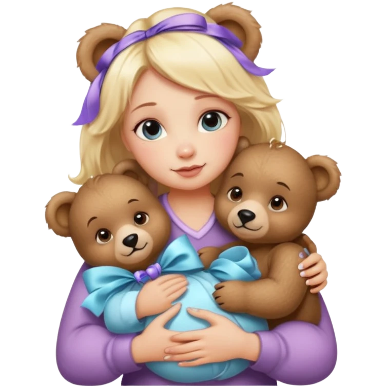 woman hugging baby bears with ribbons and crystals emoji