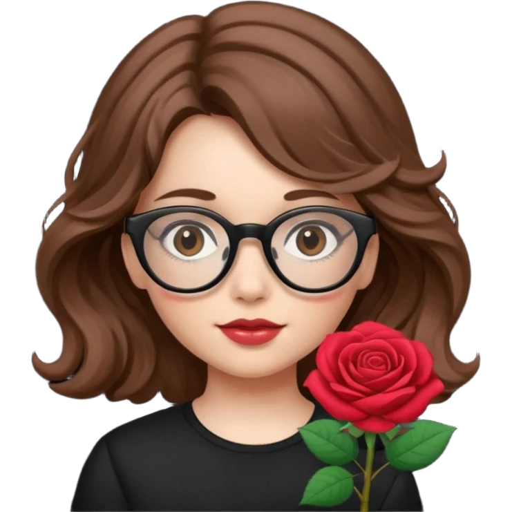 Una ragazza con capelli castani mossi e indossi occhiali neri e con una piccola rosa in testa emoji