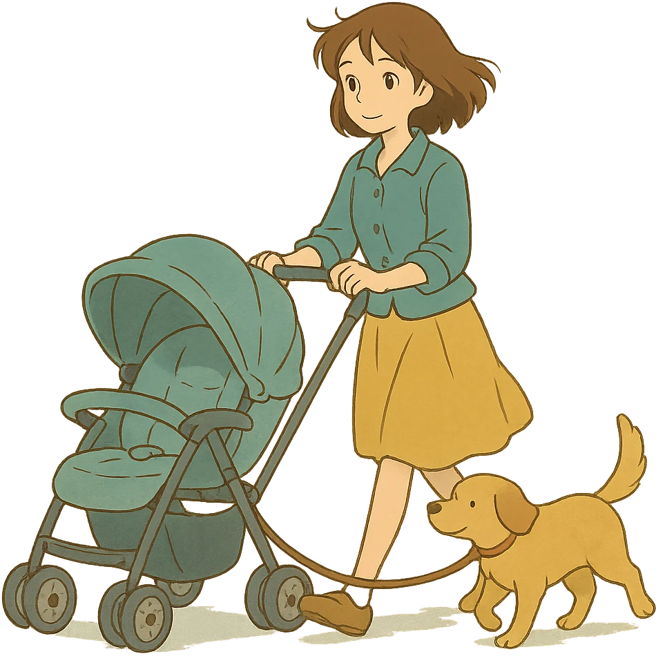 ghibli style girl walking with a stroller and dog on a leash, soft colors emoji