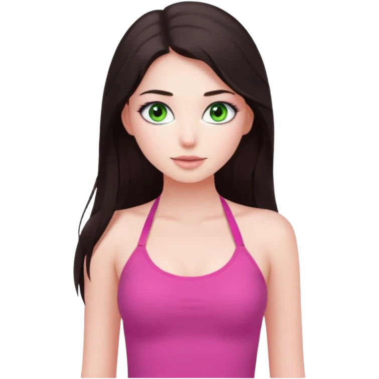 A pretty girl with white skin and very long dark brown hair and a green eyes and wears a pink tight halter tops emoji