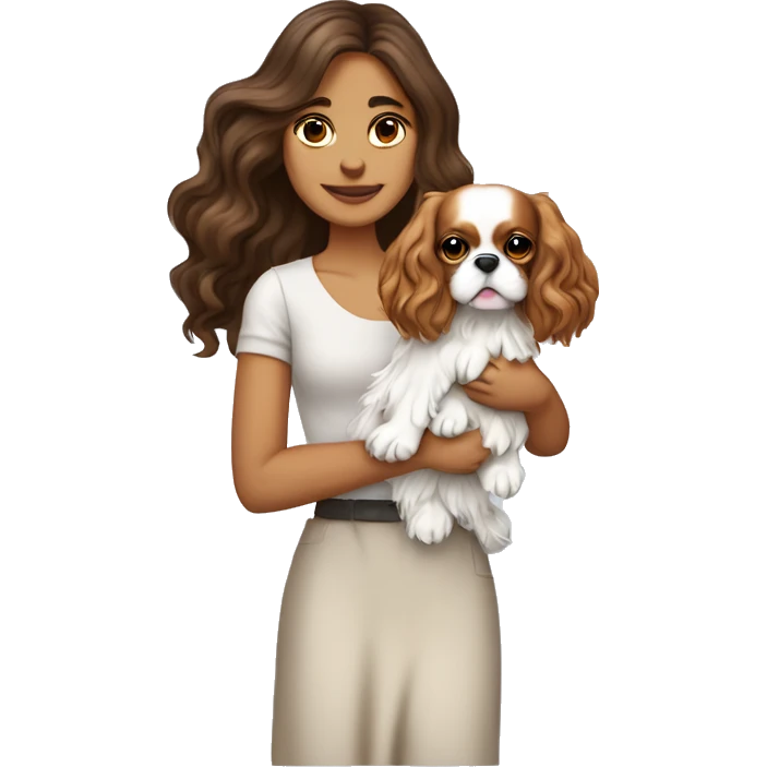 Pretty white brunette long wavy hair girl, holding a cute cavalier King Charles spaniel dog with short ears wavy fur emoji