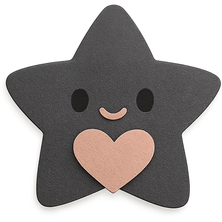 Adorable pastel black star holding a tiny pastel heart, no arms or legs, full body, transparent background, kawaii paper craft style. emoji