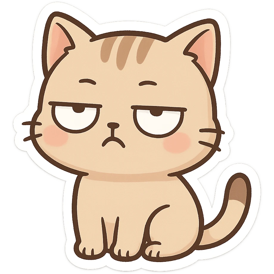 cartoon style eye-rolling cat, small body, big head, transparent background emoji