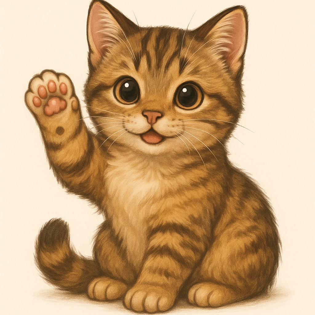 A cute cat waving its paw, friendly and adorable, in general style, detailed and vibrant. emoji