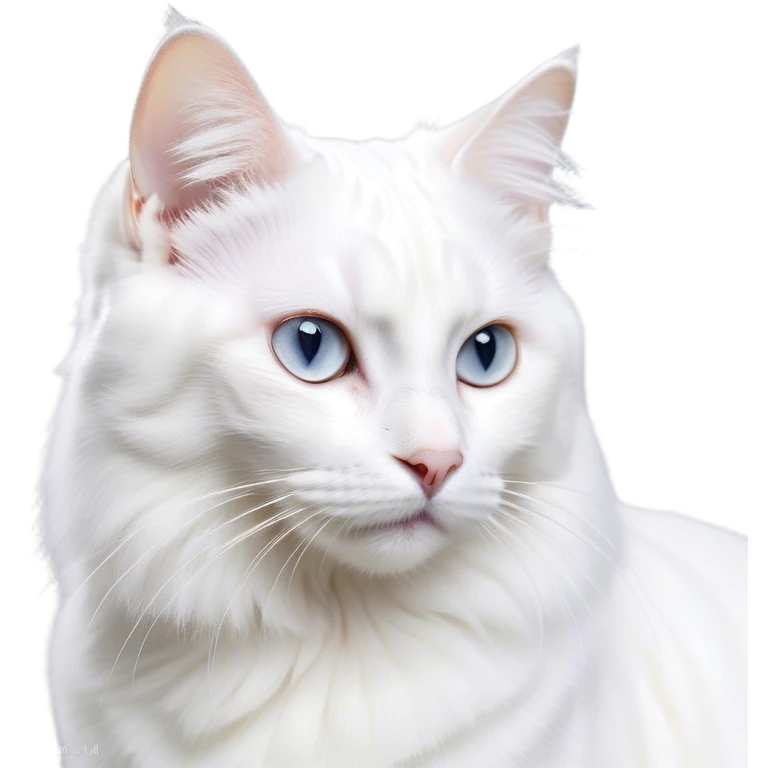 Cinematic Noble White Cat Portrait Emoji, Poised and stately, with a pristine, snow-white fur accented by delicate hints of silver, refined whiskers and a serene, focused gaze, simplified yet impeccably detailed, glowing with an ethereal radiance and timeless elegance, high shine, exuding calm intelligence and regal simplicity, soft glowing outline, capturing the essence of a noble white cat that radiates quiet majesty! emoji