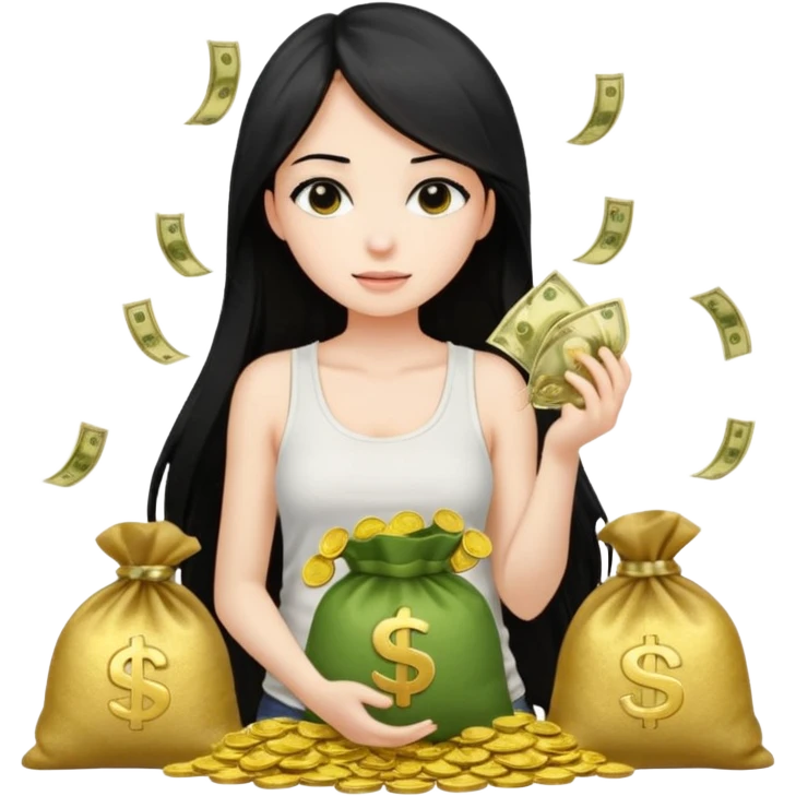 a pretty bratz fair girl with long straight black hair  with a white tank top surrounded by money bags emoji