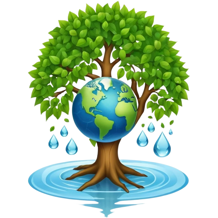 An icon featuring a tree, a recycling symbol, and a globe, representing ecology. The design includes green leaves, a water droplet, and wildlife, symbolizing the study of ecosystems, sustainability, and environmental protection. Transparent background. emoji