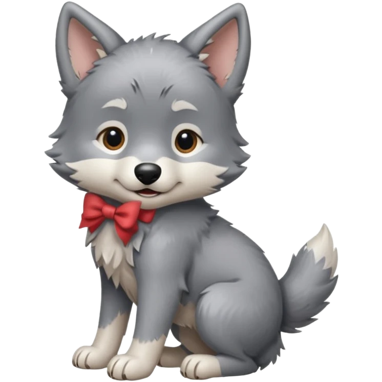 an animated gif sticker emote of a wolf puppy in a play bow wagging its tail in a smooth, natural arc over its back emoji