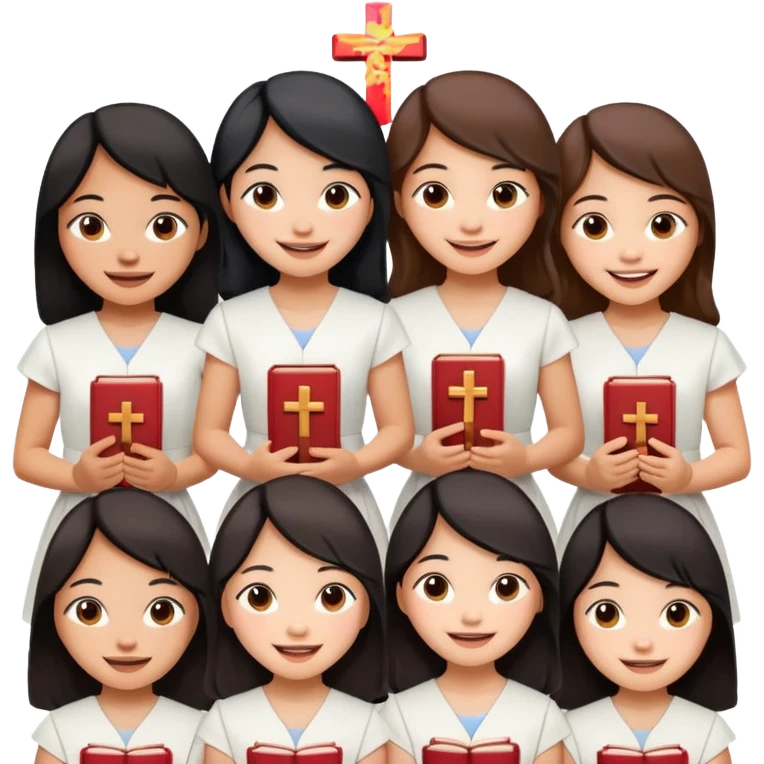 eight asian girls holding bibles and crosses and laughing  emoji