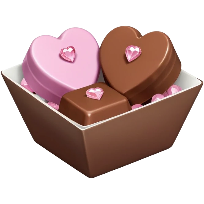 Two square milk chocolate Each of the two chocolates will have its own pralines only, Each praline is a sharp-edged cube with smooth glossy chocolate coating, placed in a small white fluted paper candy cup. On top of each cube is a flat pastel pink heart-shapedwith fine sugar crystal sparkle. emoji