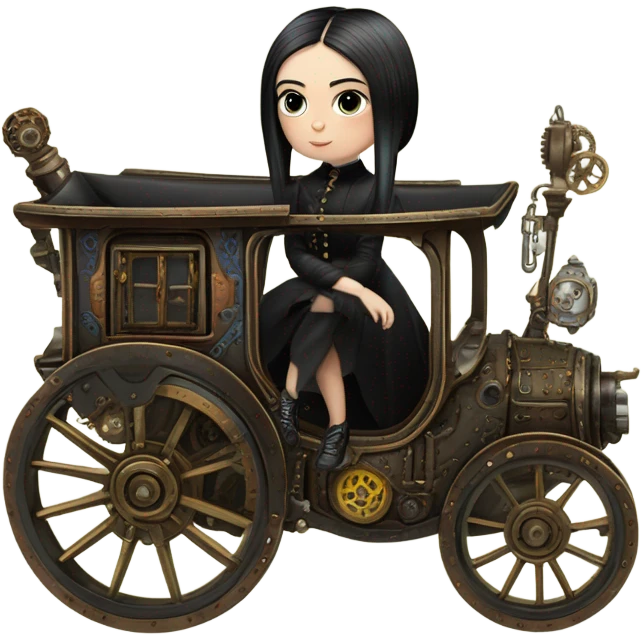 Wednesday Addams riding in a bright steampunk electric wagon emoji