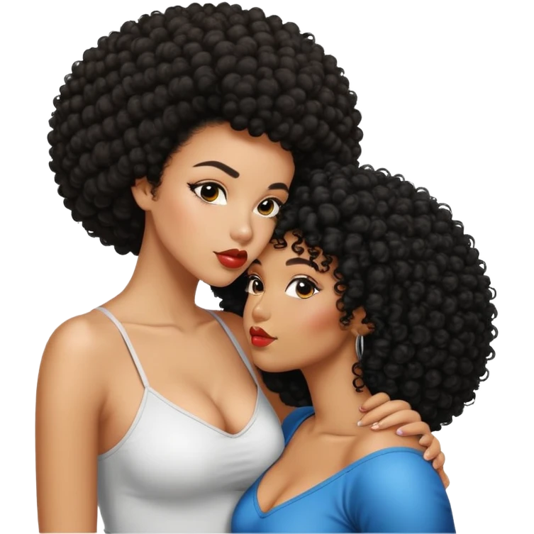 Black curvy girl with Afro kissing mixed girl with lean physique and black curly hair  emoji
