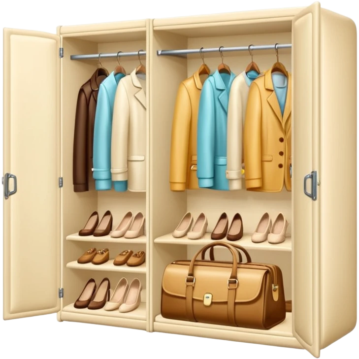 Glossy cream PVC closet with realastic cloth and shoes with bags emoji