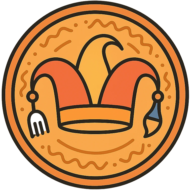 minimalist flat color logo of a jester's hat with a fork and a paintbrush as two bells, on a round plate with hand-crafted ceramic patterns, warm and inviting, playful but professional, culinary and pottery workshop emoji
