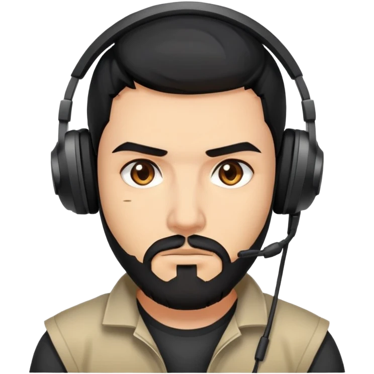 Serious gamer face with black hair, brown eyes, black beard, wearing gaming headset emoji