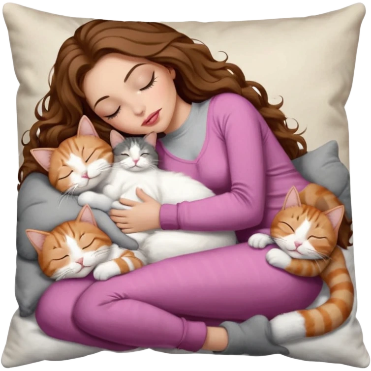girl with long wavy brown hair, brown eyes, long lashes makeup, sexy pink lips, light to medium complexion,  sleeping on a cozy pillow, with 6 cats: 1 brown and white tabby cat, 1 ginger and white, 2 grey and white, 1 grey with white mittens and small white patch on chest and 1 calico, sleeping emoji